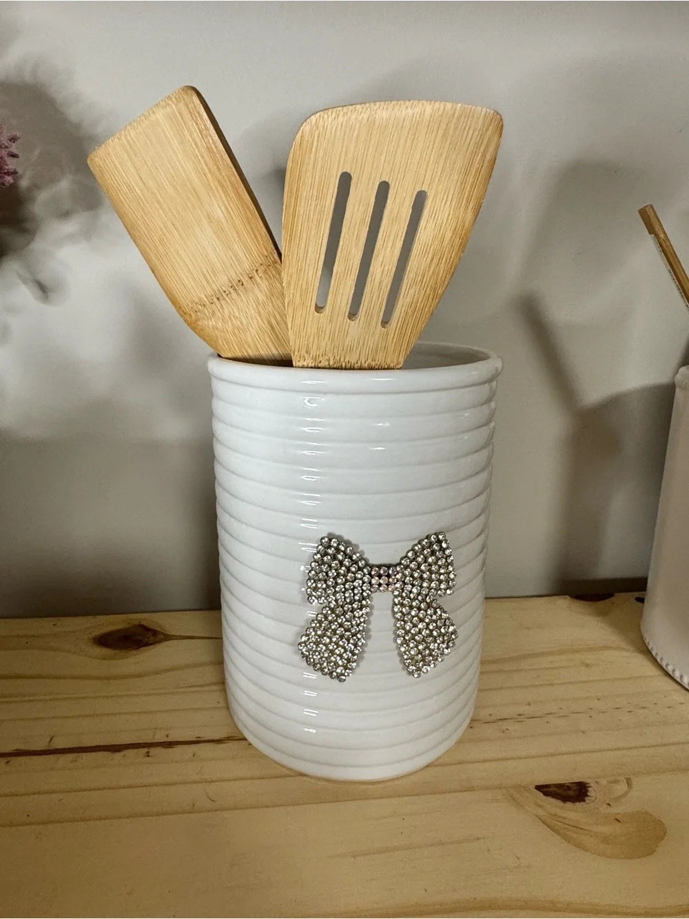Ceramic Utensil Holder with Crystal Bow - White Handmade Bling